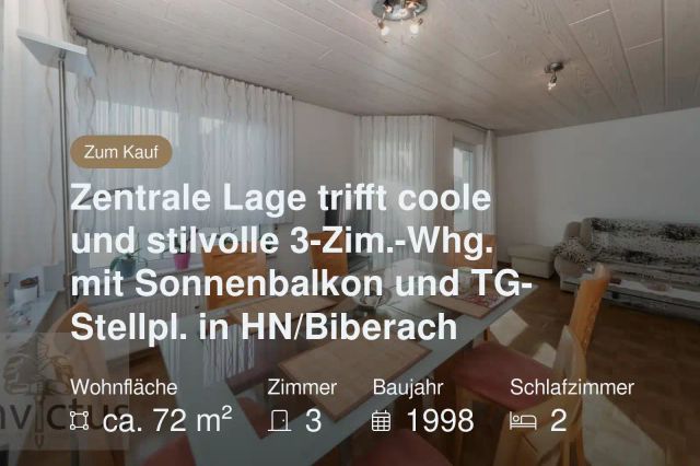Nicht mehr verfügbar: Zentrale Lage trifft coole und stilvolle 3-Zim.-Whg. mit Sonnenbalkon und TG-Stellpl. in HN/Biberach