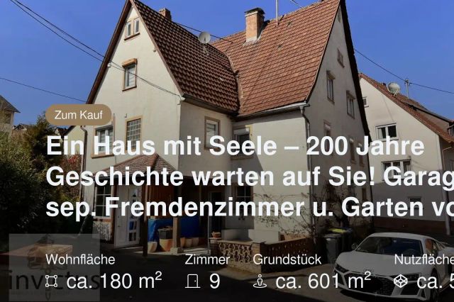 Neu im Angebot: Ein Haus mit Seele – 200 Jahre Geschichte warten auf Sie!
Garage, sep. Fremdenzimmer u. Garten vorh.