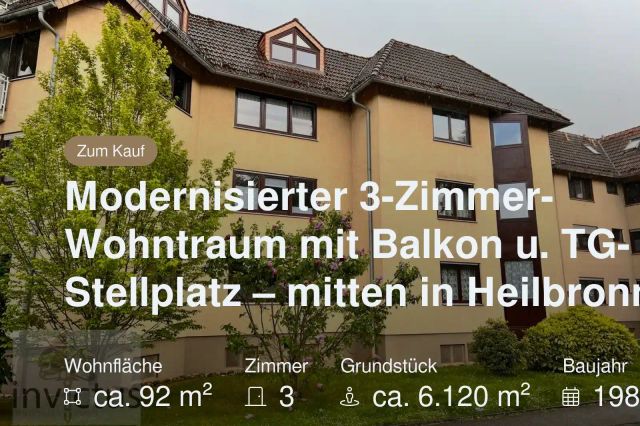 Nicht mehr verfügbar: Modernisierter 3-Zimmer-Wohntraum mit Balkon u. TG-Stellplatz – mitten in Heilbronn