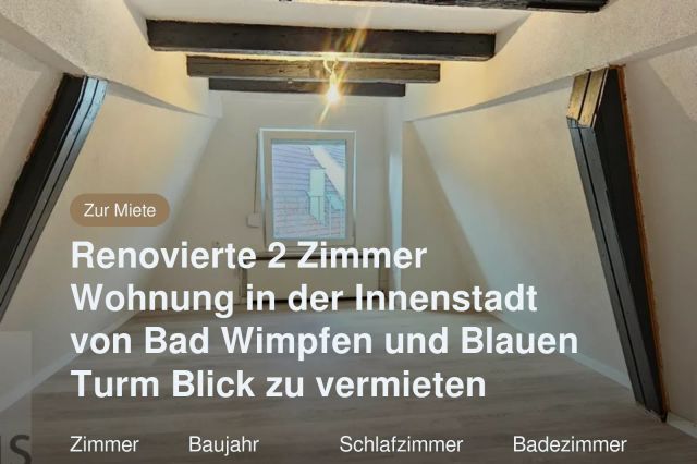 Nicht mehr verfügbar: Renovierte 2 Zimmer Wohnung in der Innenstadt von Bad Wimpfen und Blauen Turm Blick zu vermieten