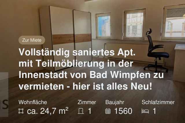 Nicht mehr verfügbar: Vollständig saniertes Apt. mit Teilmöblierung in der Innenstadt von Bad Wimpfen zu vermieten – hier ist alles Neu!
