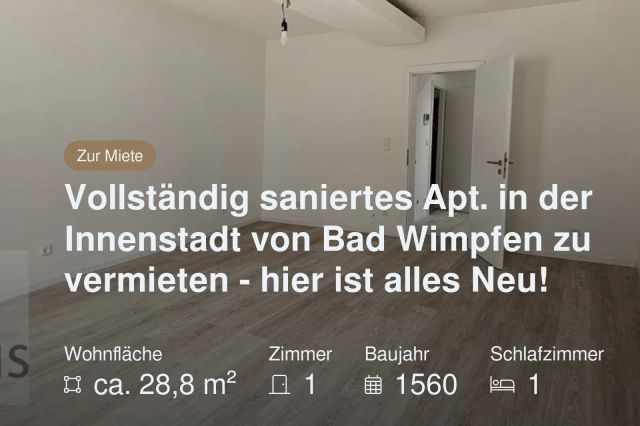 Nicht mehr verfügbar: Vollständig saniertes Apt. in der Innenstadt von Bad Wimpfen zu vermieten – hier ist alles Neu!