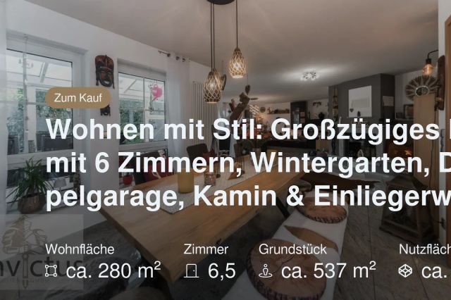 Neu im Angebot: Wohnen mit Stil: Großzügiges Haus mit 6 Zimmern, Wintergarten, Doppelgarage, Kamin & Einliegerwhg!
