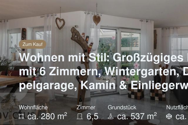 Neu im Angebot: Wohnen mit Stil: Großzügiges Haus mit 6 Zimmern, Wintergarten, Doppelgarage, Kamin & Einliegerwhg!