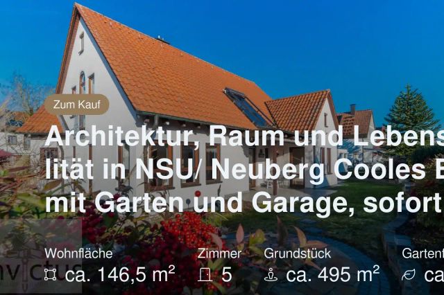 Nicht mehr verfügbar: Architektur, Raum und Lebensqualität in NSU/ Neuberg
Cooles EFH, mit Garten und Garage, sofort frei