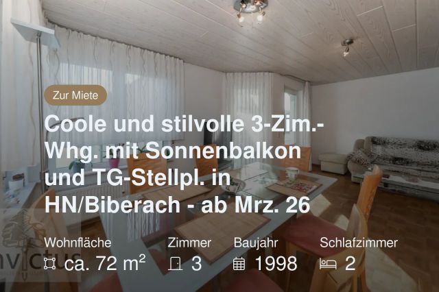 Nicht mehr verfügbar: Coole und stilvolle 3-Zim.-Whg. mit Sonnenbalkon und TG-Stellpl. in HN/Biberach – ab Mrz. 26