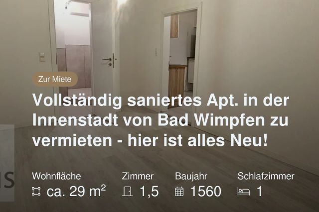 Neu im Angebot: Vollständig saniertes Apt. in der Innenstadt von Bad Wimpfen zu vermieten – hier ist alles Neu!