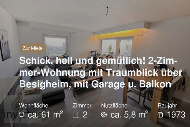 Nicht mehr verfügbar: Schick, hell und gemütlich! 2-Zimmer-Wohnung mit Traumblick über Besigheim, mit Garage u. Balkon