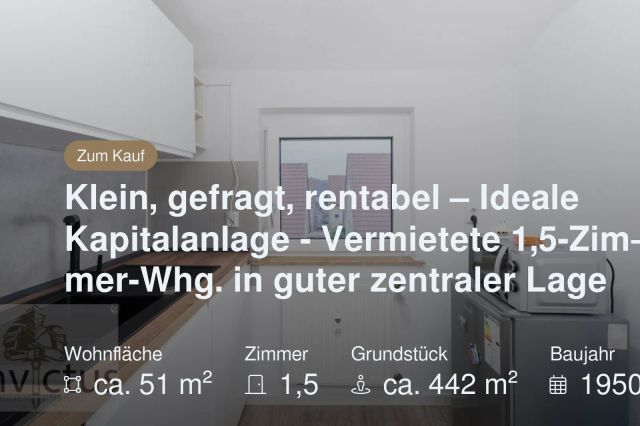 Neu im Angebot: Klein, gefragt, rentabel – Ideale Kapitalanlage – Vermietete 1,5-Zimmer-Whg. in guter zentraler Lage