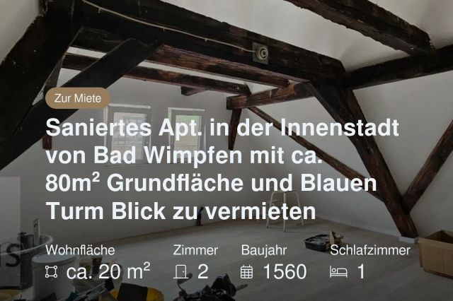 Neu im Angebot: Saniertes Apt. in der Innenstadt von Bad Wimpfen mit ca. 80m² Grundfläche und Blauen Turm Blick zu vermieten