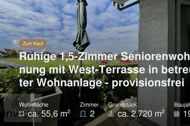 Neu im Angebot: Ruhige 1,5-Zimmer Seniorenwohnung mit West-Terrasse in betreuter Wohnanlage – provisionsfrei