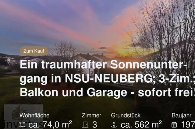 Nicht mehr verfügbar: Ein traumhafter Sonnenuntergang in NSU-NEUBERG; 3-Zim.; Balkon und Garage – sofort frei!