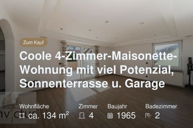 Neu im Angebot: Coole 4-Zimmer-Maisonette-Wohnung mit viel Potenzial, Sonnenterrasse u. Garage